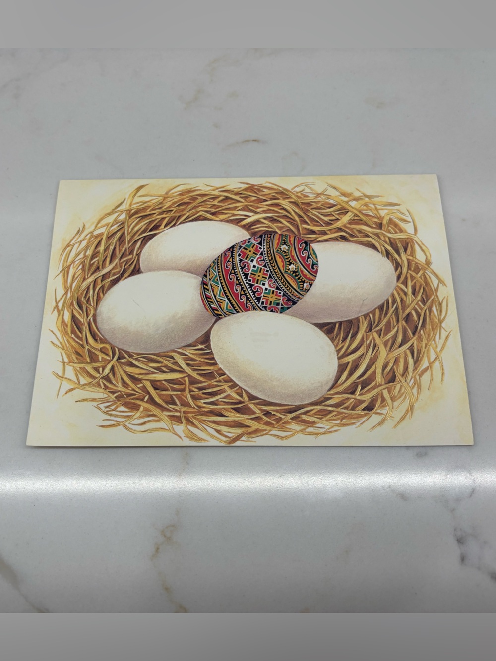 Vintage Easter Greeting Card Basket of Eggs in Nest with Ukrainian Pysansky Egg